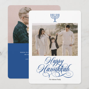 Elegant calligraphy simple Hanukkah family photo H Holiday Card