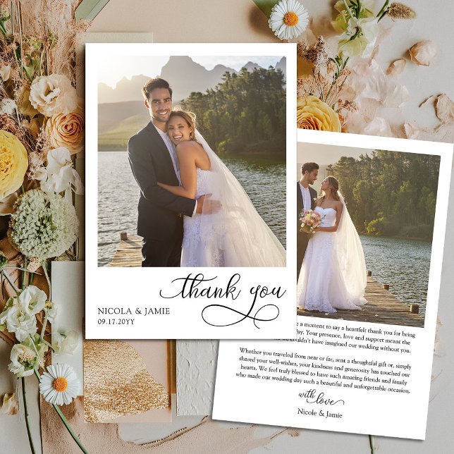 Elegant Calligraphy Simple Modern 2 Wedding Photo Thank You Card (Wedding Photo Thank You Card with elegant modern calligraphy and 2 photos)