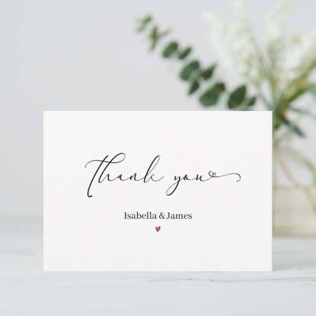 Elegant Calligraphy Simple Red Heart Wedding  Thank You Card (Standing Front)