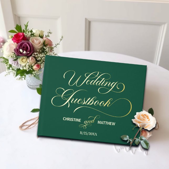 Elegant Calligraphy Teal Wedding Gold Guest Book (Creator Uploaded)