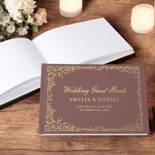 Elegant Calligraphy Terracotta Gold Vintage Floral Guest Book