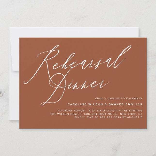 Elegant Calligraphy Terracotta Rehearsal Dinner Invitation (Front)