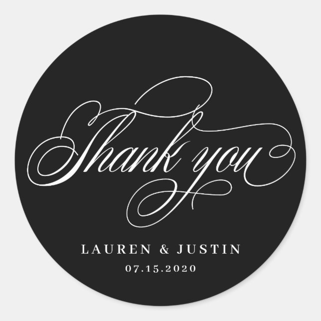 elegant calligraphy thank you wedding monogram classic round sticker (Front)