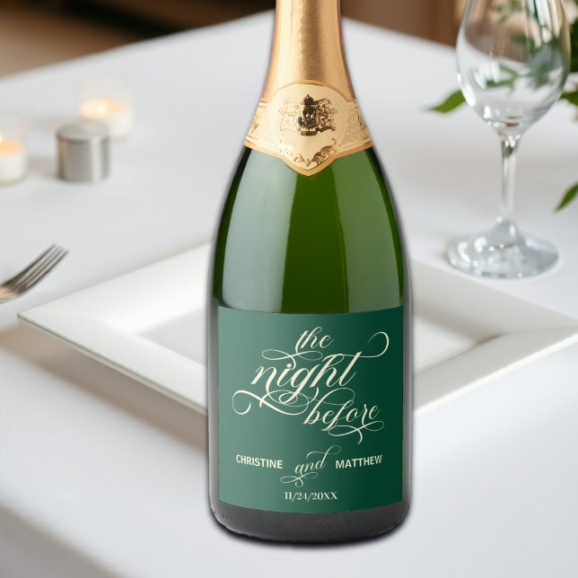 Elegant Calligraphy The Night Before Teal Wedding Sparkling Wine Label (Creator Uploaded)