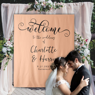 Elegant Calligraphy Trendy Peach Wedding Backdrop Tapestry