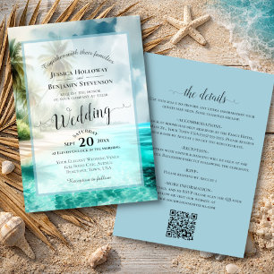 Elegant Calligraphy Tropical Beach QR Code Wedding Invitation