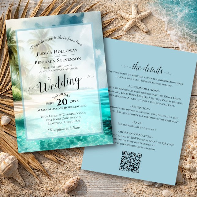 Elegant Calligraphy Tropical Beach QR Code Wedding Invitation (Front/Back)