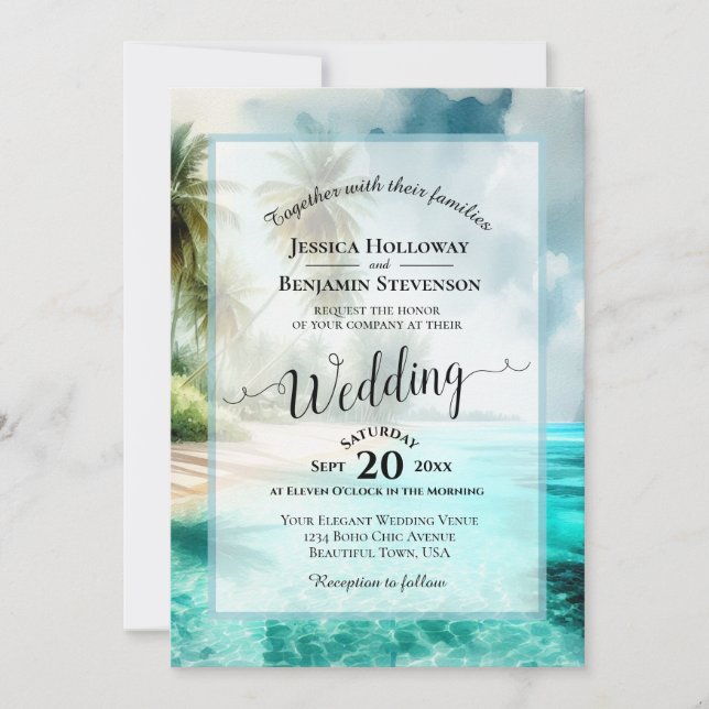 Elegant Calligraphy Tropical Beach QR Code Wedding Invitation (Front)