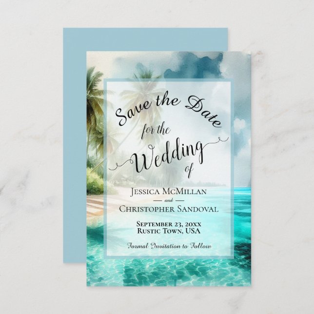 Elegant Calligraphy Tropical Beach Wedding Save The Date (Front/Back)