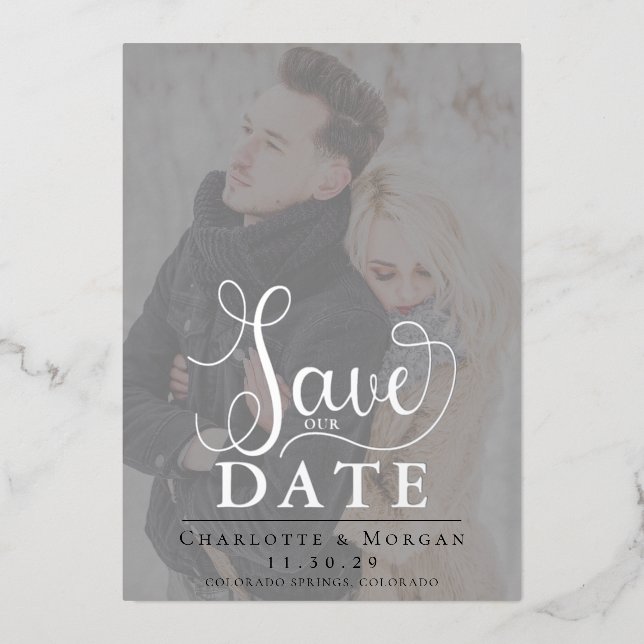 Elegant Calligraphy Two Photo Save the Date Foil (Front)