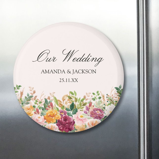 Elegant Calligraphy Watercolor Rose Flower Wedding Magnet (In situ)