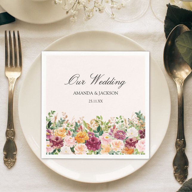 Elegant Calligraphy Watercolor Rose Flower Wedding Napkin (In situ)