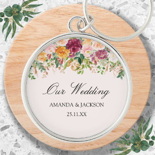 Elegant Calligraphy Watercolor Rose Garden Wedding Key Ring