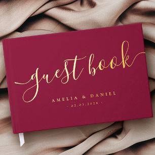 Elegant calligraphy wedding burgundy real guest book