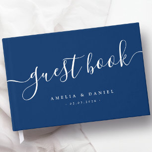 Elegant calligraphy wedding dark blue guest book