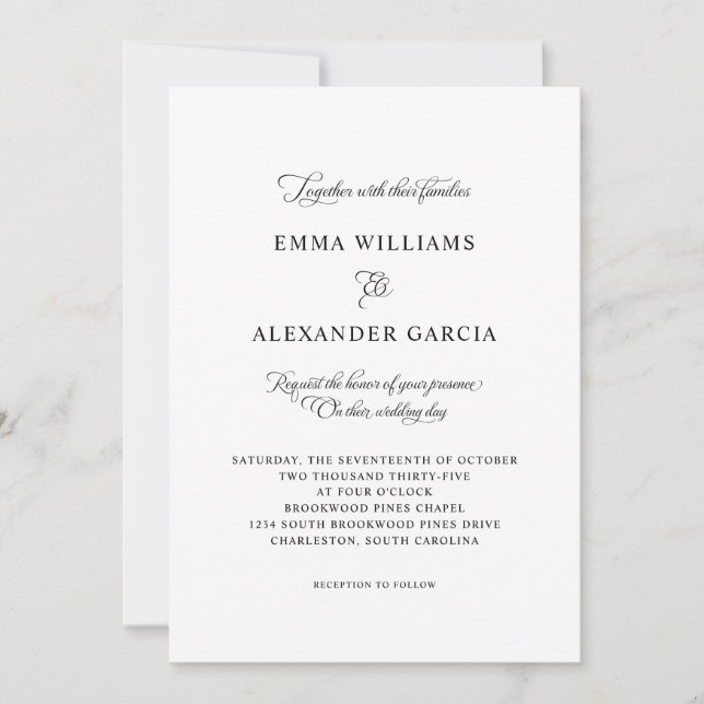 Elegant Calligraphy Wedding Details Black & White Invitation (Front)