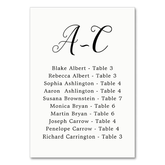 Elegant Calligraphy Wedding Guest by Last Name Table Number (Front)