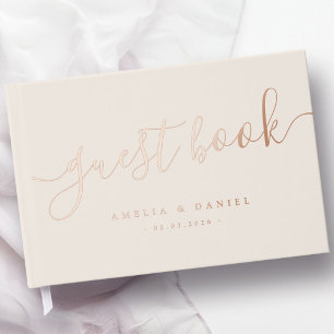 Elegant calligraphy wedding light tan brown real guest book