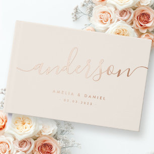 Elegant calligraphy wedding light tan foil guest book