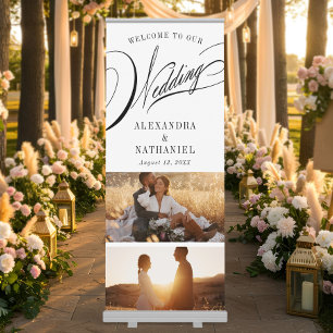 Elegant Calligraphy Wedding Photo Grid Welcome Retractable Banner