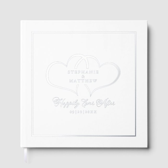 Elegant Calligraphy Wedding Photo Hearts Silver Guest Book (Front)