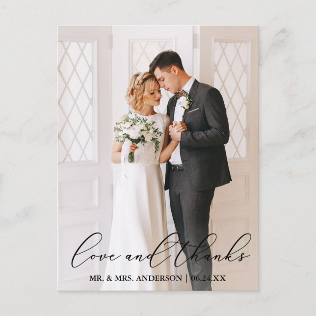 Elegant Calligraphy Wedding Photo Love Thanks Postcard (Front)