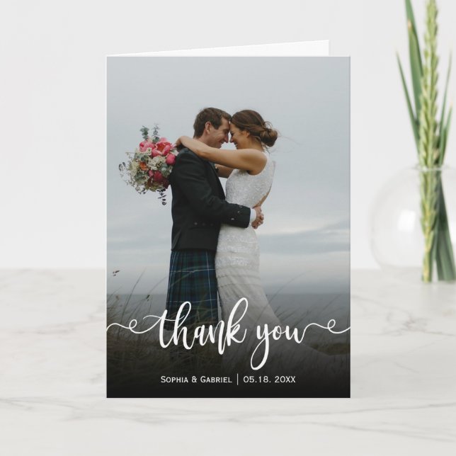 Elegant Calligraphy Wedding Photo Thank You Card   (Front)