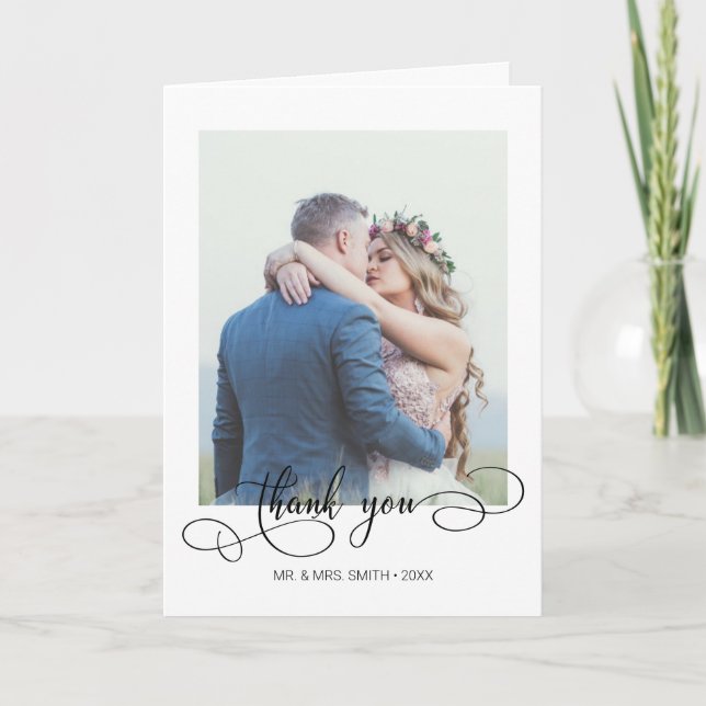 Elegant Calligraphy Wedding Photo Thank You Card (Front)