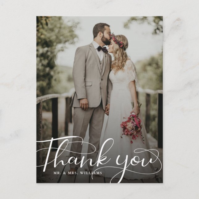 Elegant Calligraphy Wedding Photo Thank You Postcard (Front)