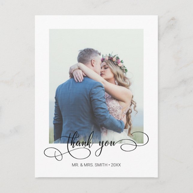 Elegant Calligraphy Wedding Photo Thank You Postcard (Front)