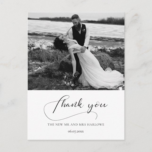 Elegant calligraphy wedding photo thank you postcard (Front)