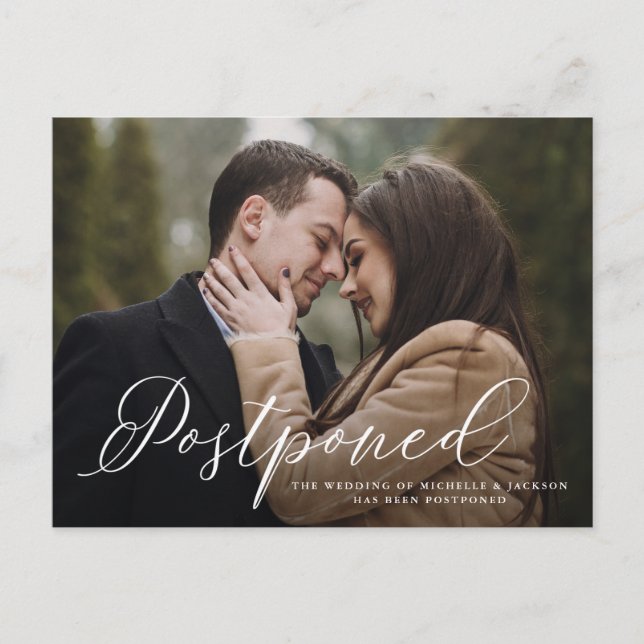 Elegant Calligraphy Wedding Postponement Announcement Postcard (Front)