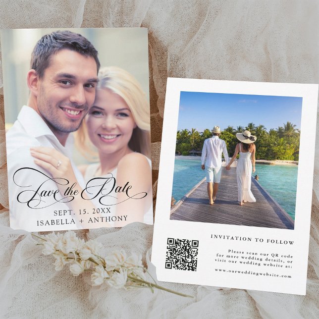 Elegant Calligraphy Wedding QR Code Save The Date (Front & Back)