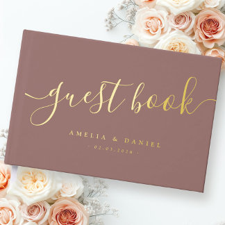 Elegant calligraphy wedding real foil guest book