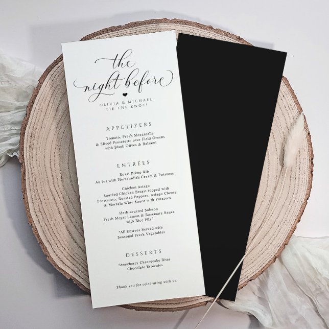 Elegant Calligraphy Wedding Rehearsal Dinner Menu (Rehearsal dinner menus with elegant luxury calligraphy script. The night before menus)
