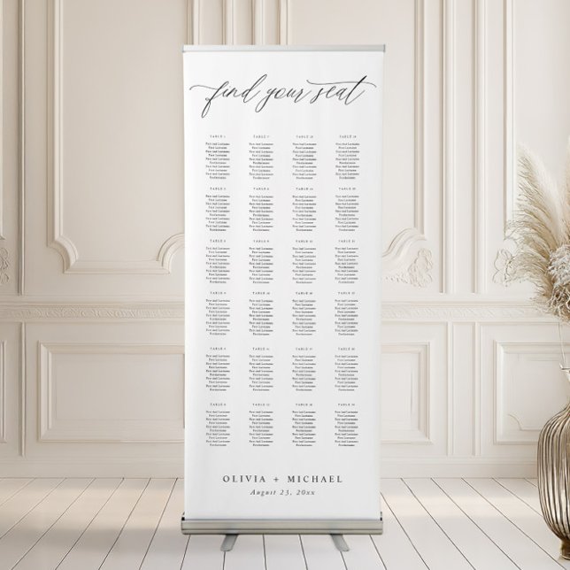 Elegant Calligraphy Wedding Seating Chart Retractable Banner (Elegant tall black and white wedding seating chart banner with modern romantic typography)