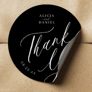 Elegant calligraphy wedding thank you favour black classic round sticker