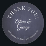 Elegant calligraphy wedding thank you navy classic round sticker<br><div class="desc">Classic chic simple couple's names thank you wedding favour label or envelope seal round sticker featuring a classy typography script against a dark navy blue chalkboard background.          Personalise with the bride's and groom's names and with your custom text!</div>
