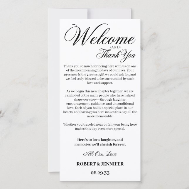 Elegant Calligraphy Wedding Welcome Thank You Note Card (Front)