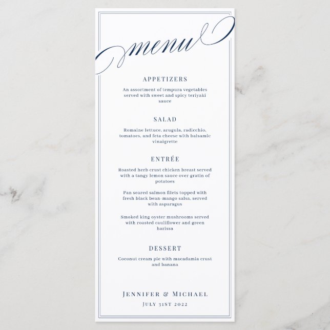 Elegant Calligraphy White and Navy Classic Wedding Menu (Front)