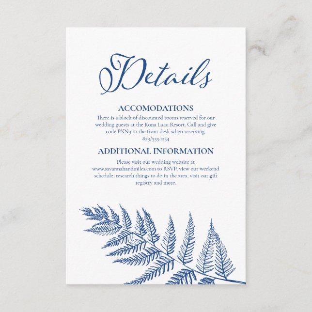 Elegant Calligraphy White & Marseille Blue Wedding Enclosure Card (Front)