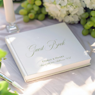 Elegant Calligraphy White & Sage Green Wedding Guest Book
