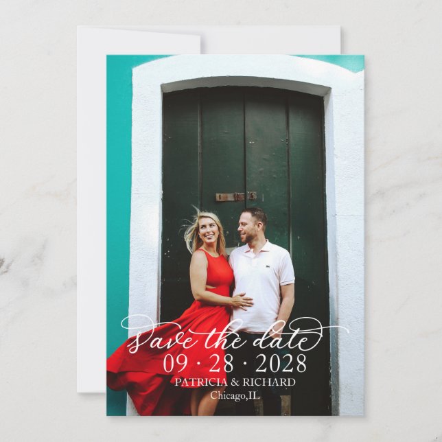 Elegant Calligraphy White Text Photo Save The Date Invitation (Front)