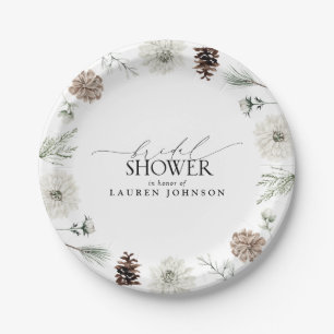 Elegant Calligraphy Winter Greenery Bridal Shower Paper Plate