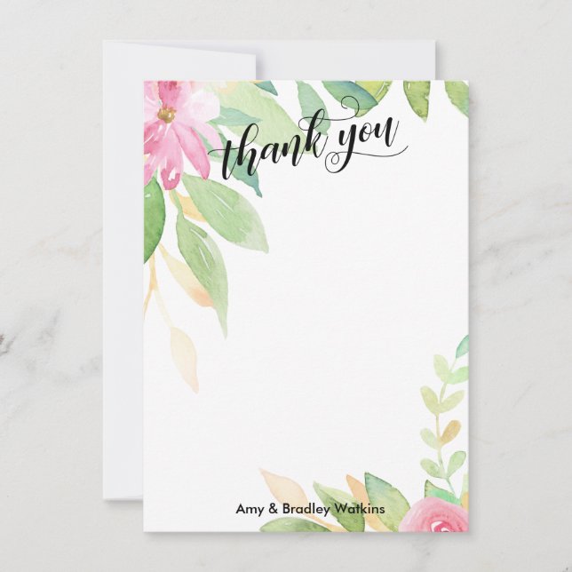 Elegant Calligraphy with Pink Watercolor Flowers Thank You Card (Front)