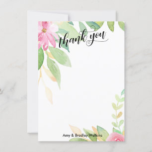 Elegant Calligraphy with Pink Watercolor Flowers Thank You Card