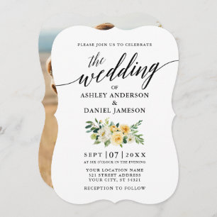Elegant Calligraphy Yellow Floral Photo Wedding Invitation