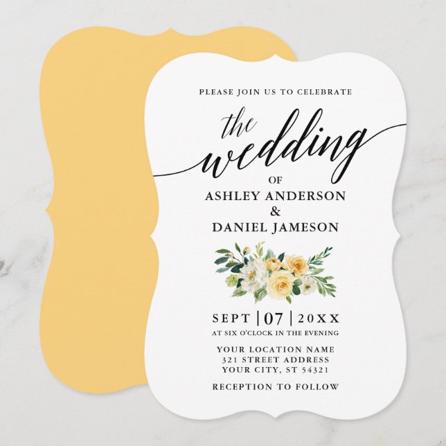 Elegant Calligraphy Yellow Floral Wedding Invitation (Front/Back)