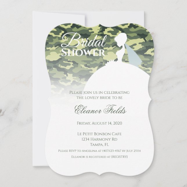 Elegant Camo Print with White Dress Bridal Shower Invitation (Front)