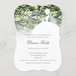 Elegant Camo Print with White Dress Bridal Shower Invitation